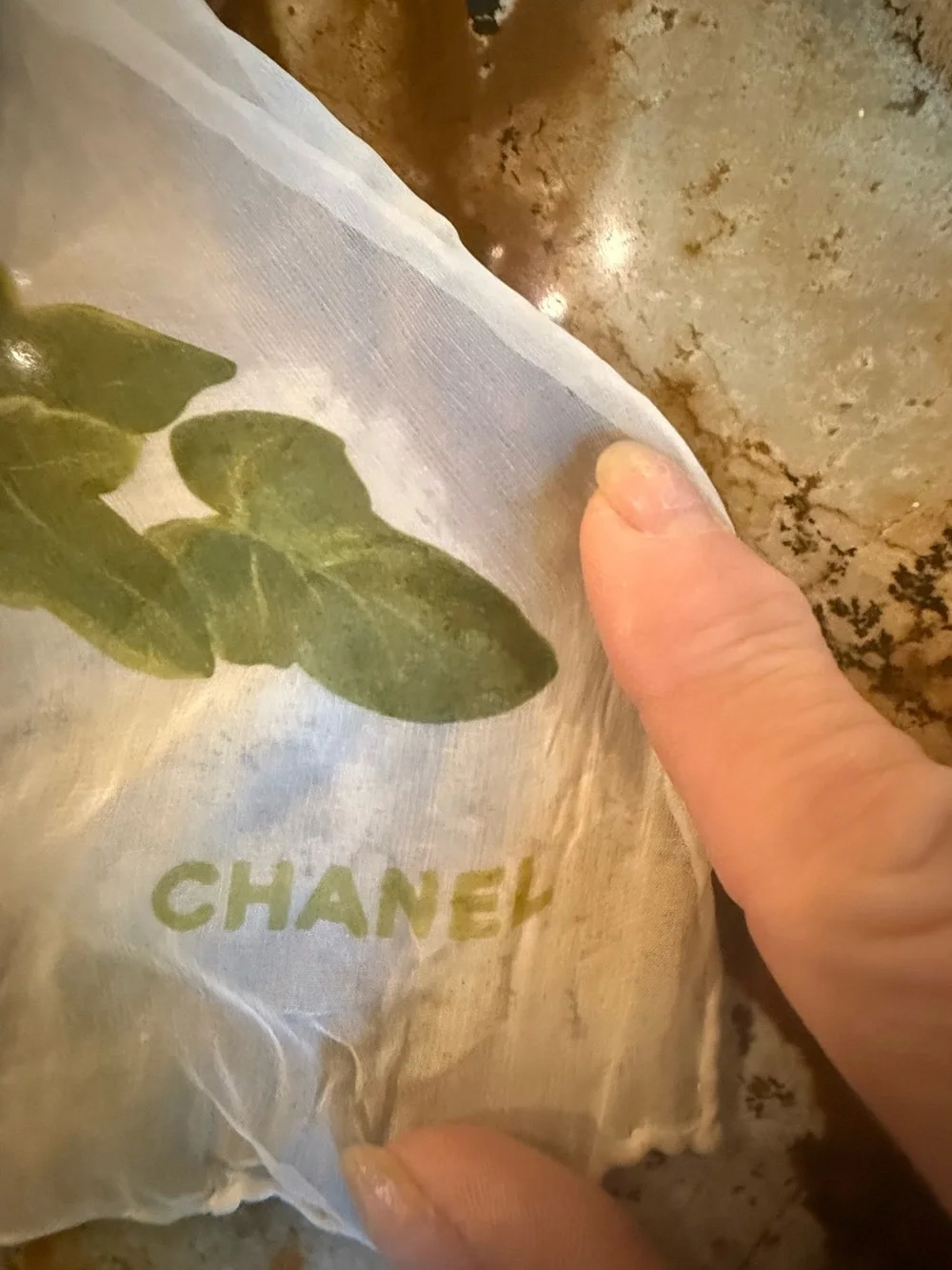 CHANEL White Silk Scarf with Green Floral Print